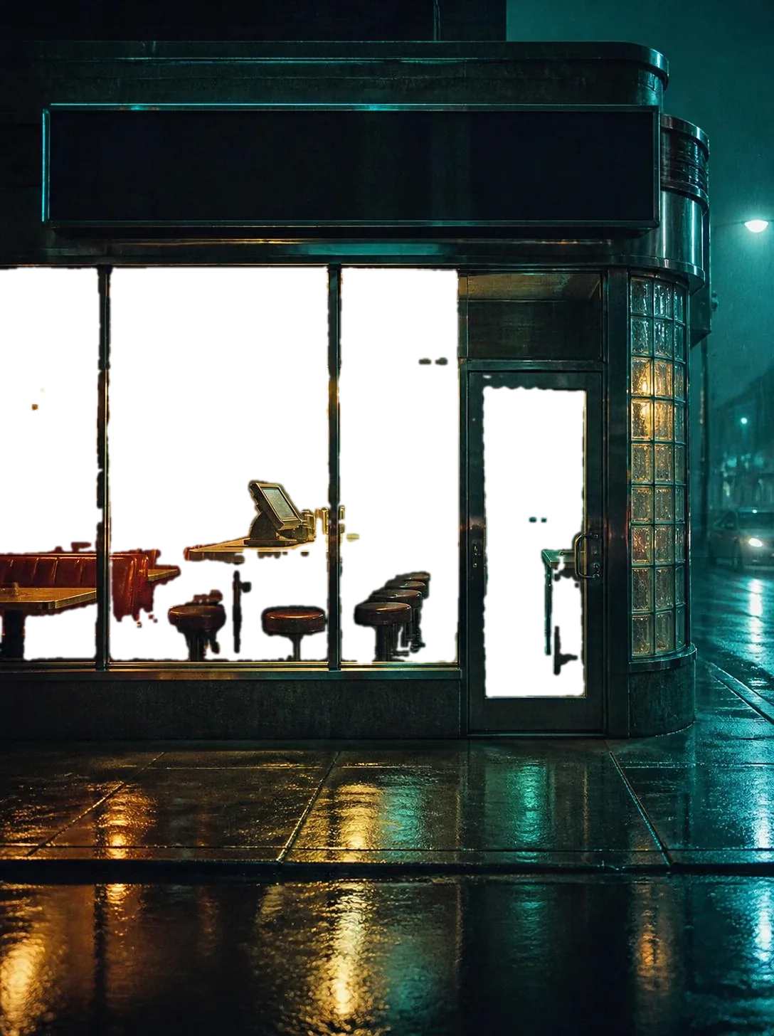 A chrome trimmed corner diner at night in the rain. Through the wide windows: red vinyl booths, stools and a point of sale register on the counter. Through the glass door, a back office computer and a network rack glow teal.
