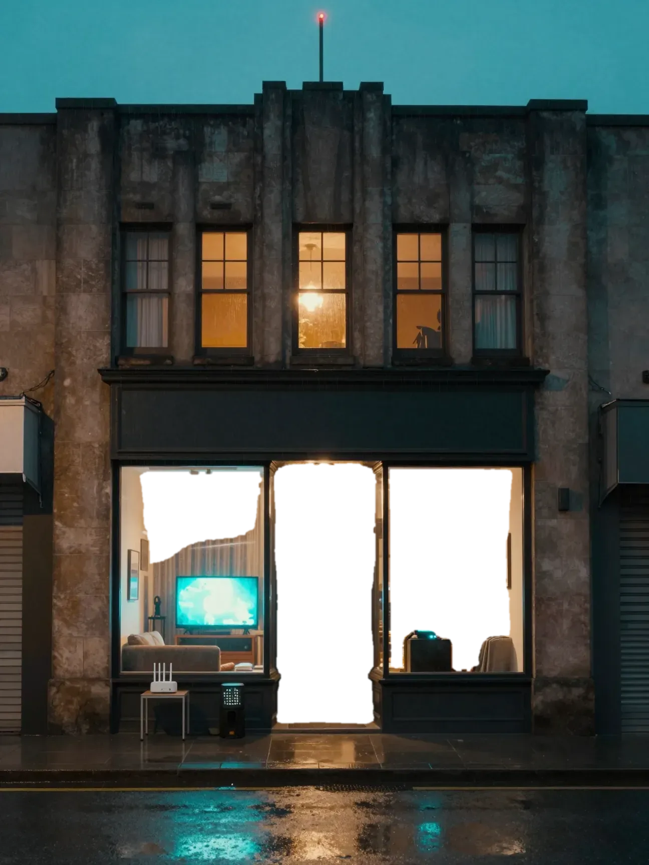 An art deco building at night with a red light on its antenna. Two lit shop windows show a living room with a glowing television, and a router and a mesh WiFi node sit on a table out front.