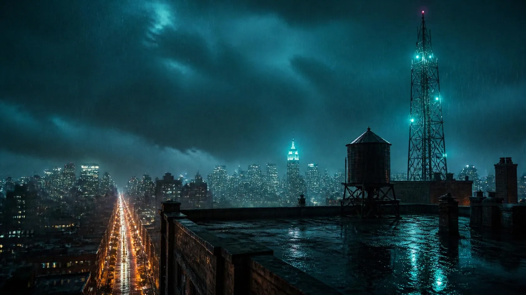 A wet rooftop at night in the rain. A steel transmitter mast with aqua lights and a red beacon rises beside a wooden water tower, and far below a lit avenue runs toward a skyline in the fog.