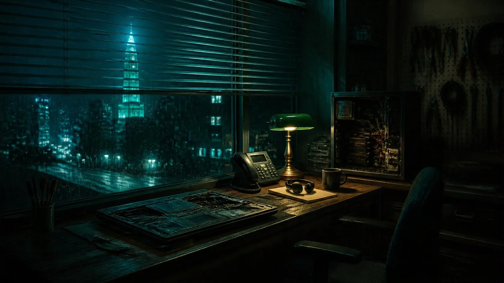 A dark repair office at night. Rain runs down a window with half open blinds and a tower glows aqua over the city outside. On the wooden desk sit a desk phone, a green banker lamp, a headset on a notepad, a coffee mug and an open computer, with tools hanging on a pegboard.